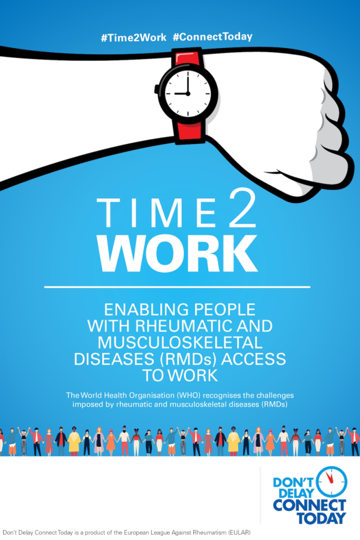 The official poster from the European League Against Rheumatism, showing a wristwatch on the left hand, titled 'Time2Work' - enabling people with rheumatic and musculoskeletal diseases (RMDs) access to work. The poster states that the World Health Organisation (WHO) recognises the challenges imposed by rheumatic and musculoskeletal diseases (RMDs). The campaign hashtags shown include #Time2Work and #ConnectToday. 
